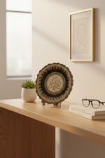 El İşi Gümüş ve Altın Desenli ALLAH MUHAMMED  Yazılı 30 cm Çini Tabak - Görsel 2