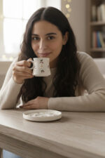 El Yapımı Kiraz ve Papatya Desenli 2 Kişilik 4 Parça Seramik Fincan Takımı - Görsel 5