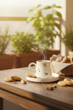 El Yapımı Kiraz ve Papatya Desenli 2 Kişilik 4 Parça Seramik Fincan Takımı - Görsel 3