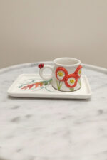 El Yapımı Kırmızı Çiçekli Tek Kişilik 2 Parça Seramik Kahve Fincan Seti - Görsel 2