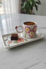 El Yapımı Pembe Çiçekli Tek Kişilik 2 Parça Seramik Kahve Fincan Seti - Görsel 7