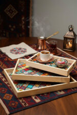 Ahşap 3'lü Set Mozaik Desenli Dekoratif Sunum Tepsisi - Görsel 3