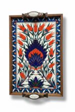 El Yapımı Ahşap Çerçeveli Çini Baskılı Sunum Tepsisi