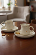 El Yapımı Papatya Desenli 2 Kişilik 4 Parça Seramik Fincan Takımı - Görsel 4