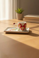 El Yapımı Kırmızı Çiçekli Tek Kişilik 2 Parça Seramik Kahve Fincan Seti - Görsel 3