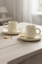 El Yapımı Papatya Desenli 2 Kişilik 4 Parça Seramik Fincan Takımı - Görsel 3