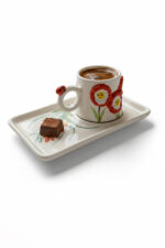 El Yapımı Kırmızı Çiçekli Tek Kişilik 2 Parça Seramik Kahve Fincan Seti - Görsel 4