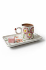 El Yapımı Pembe Çiçekli Tek Kişilik 2 Parça Seramik Kahve Fincan Seti