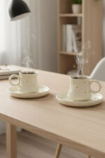 El Yapımı Papatya Desenli 2 Kişilik 4 Parça Seramik Fincan Takımı - Görsel 2