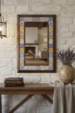 El Yapımı Ahşap Çerçeveli Etnik Desenli Çini Karolu Ayna