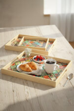 Ahşap 3'lü Set Mozaik Desenli Dekoratif Sunum Tepsisi