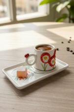 El Yapımı Kırmızı Çiçekli Tek Kişilik 2 Parça Seramik Kahve Fincan Seti - Görsel 5