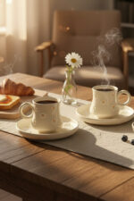 El Yapımı Papatya Desenli 2 Kişilik 4 Parça Seramik Fincan Takımı