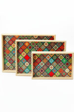Ahşap 3'lü Set Mozaik Desenli Dekoratif Sunum Tepsisi - Görsel 2