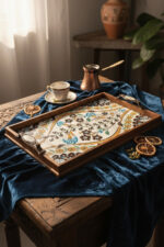 El Yapımı Ahşap Çerçeveli Çini Karo Kabartmalı Sunum Tepsisi