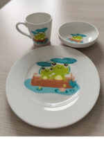 Tulü Porselen 3 Parça Sevimli Kurbağa Desenli Bebek ve Çocuk Yemek Seti - Görsel 6