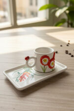 El Yapımı Kırmızı Çiçekli Tek Kişilik 2 Parça Seramik Kahve Fincan Seti - Görsel 6