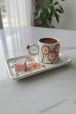 El Yapımı Pembe Çiçekli Tek Kişilik 2 Parça Seramik Kahve Fincan Seti - Görsel 2