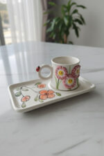 El Yapımı Pembe Çiçekli Tek Kişilik 2 Parça Seramik Kahve Fincan Seti - Görsel 6