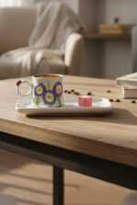 El Yapımı Mor Çiçekli Tek Kişilik 2 Parça Seramik Kahve Fincan Seti - Görsel 2