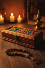 El Yapımı Çini Karo Baskılı Ahşap Tespih Kutusu (5x15cm)