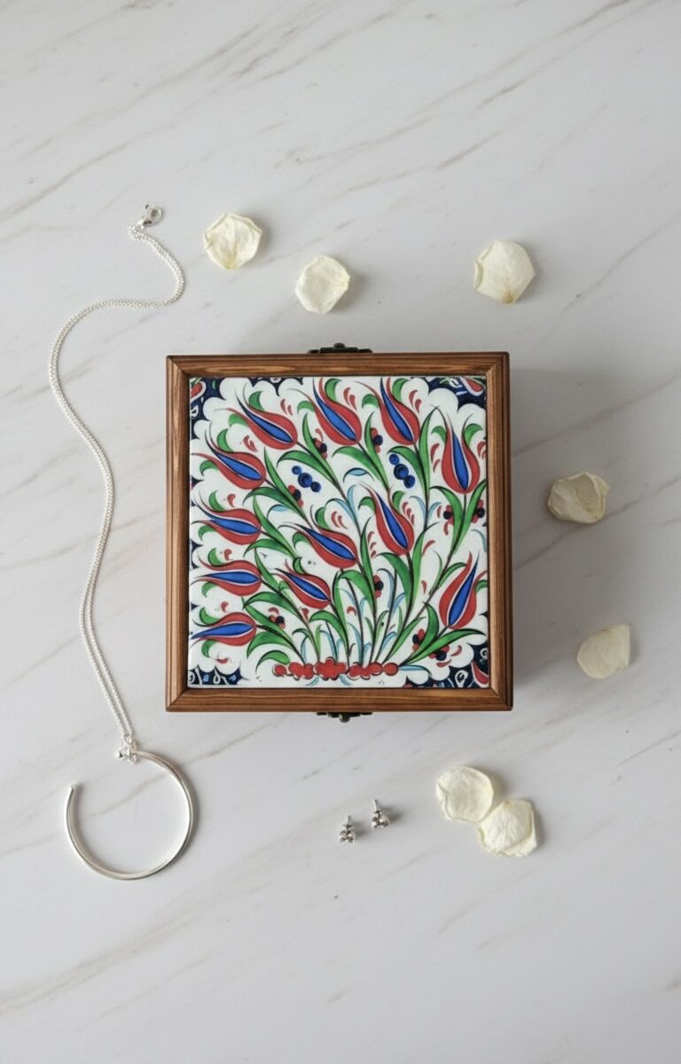 El Yapımı Çini Karo Baskılı Ahşap Takı Kutusu (20x20cm)