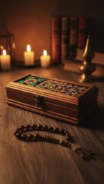 El Yapımı Çini Karo Baskılı Ahşap Tespih Kutusu (5x15cm)