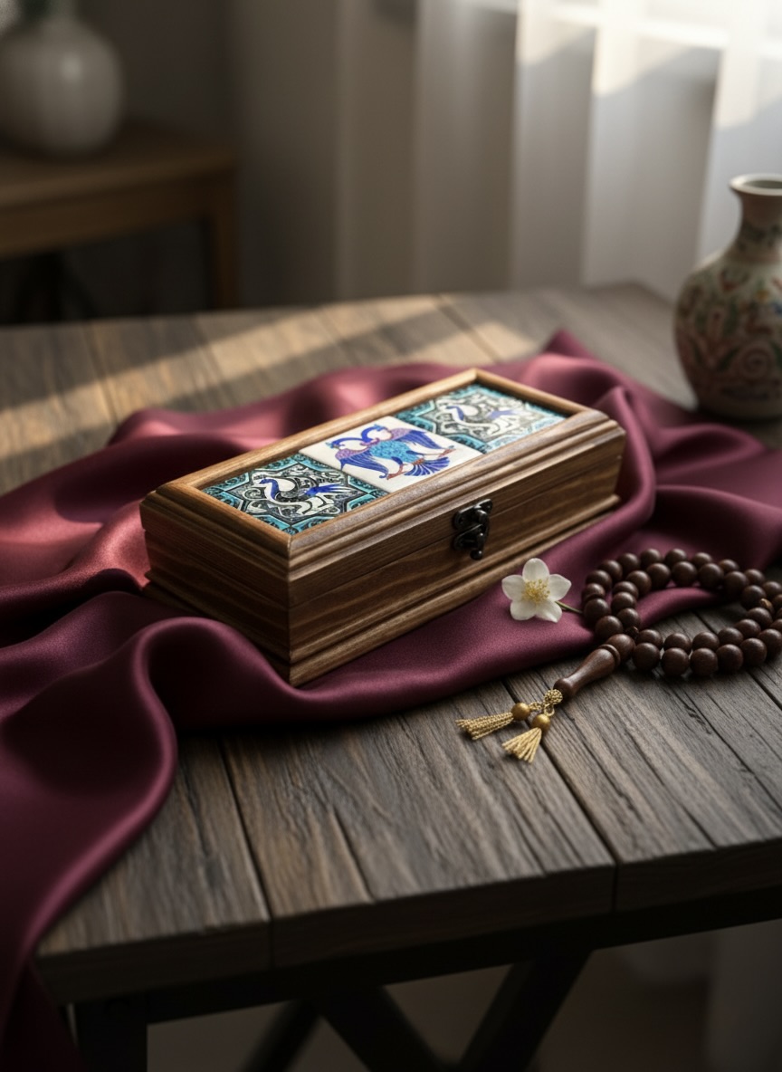 El Yapımı Çini Karo Baskılı Ahşap Tespih Kutusu (5x15cm)