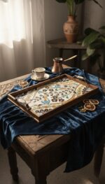 El Yapımı Ahşap Çerçeveli Çini Karo Kabartmalı Sunum Tepsisi