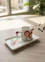 Kırmızı Çiçekli El Yapımı Tek Kişilik 2 Parça Seramik Kahve Fincan Seti - Görsel 3