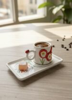 Kırmızı Çiçekli El Yapımı Tek Kişilik 2 Parça Seramik Kahve Fincan Seti - Görsel 4