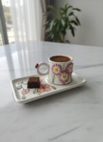 Pembe Çiçekli El Yapımı Tek Kişilik 2 Parça Seramik Kahve Fincan Seti - Görsel 3