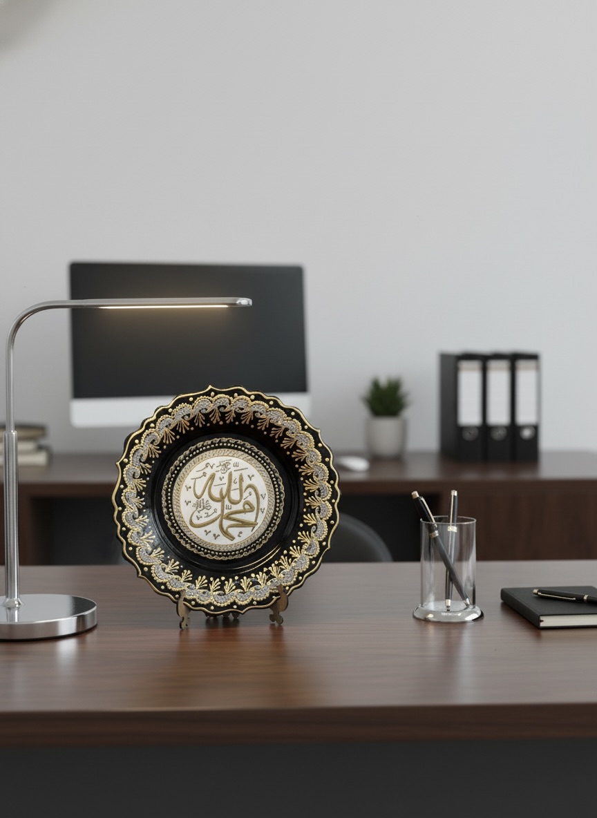 El İşi Gümüş ve Altın Desenli ALLAH MUHAMMED  Yazılı 30 cm Çini Tabak