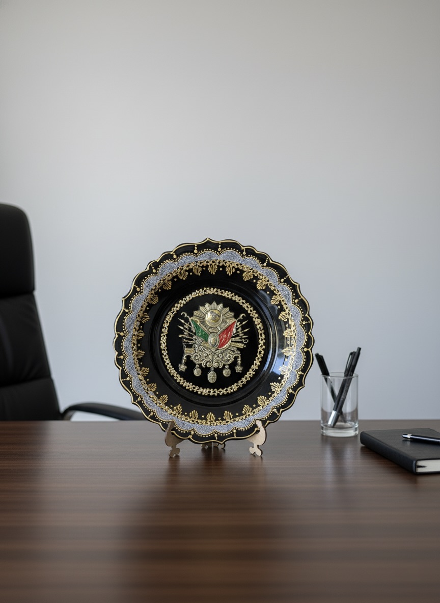 El İşi Gümüş ve Altın Desenli Osmanlı Tuğralı 30 cm Çini Tabak