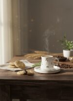 Kiraz ve Papatya Desenli El Yapımı 2 Kişilik 4 Parça Seramik Fincan Takımı