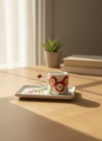 Kırmızı Çiçekli El Yapımı Tek Kişilik 2 Parça Seramik Kahve Fincan Seti - Görsel 2