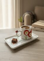 Kırmızı Çiçekli El Yapımı Tek Kişilik 2 Parça Seramik Kahve Fincan Seti