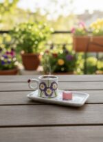 Mor Çiçekli El Yapımı Tek Kişilik 2 Parça Seramik Kahve Fincan Seti