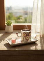 Pembe Çiçekli El Yapımı Tek Kişilik 2 Parça Seramik Kahve Fincan Seti