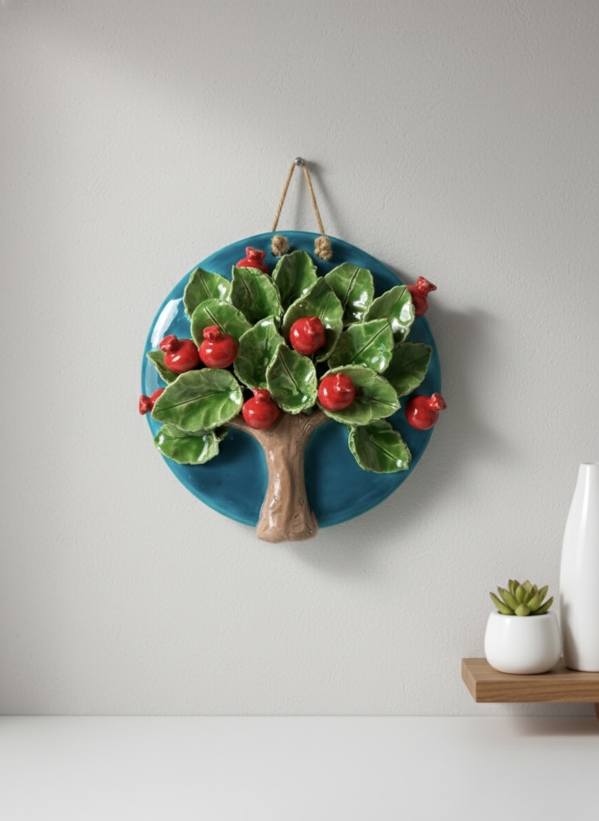 El Yapımı Kabartmalı Nar Ağacı Seramik Duvar Süsü (21cm)