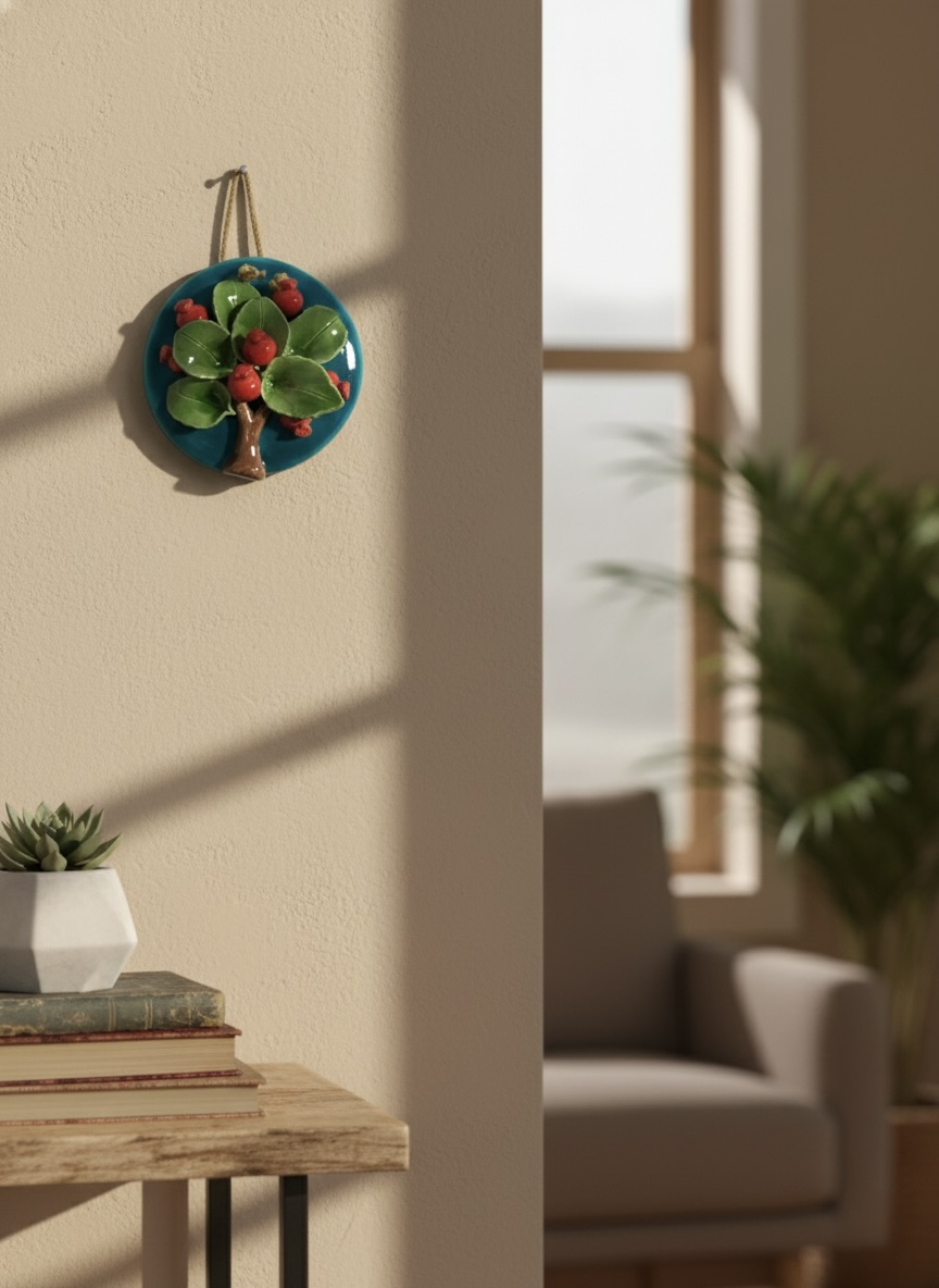 El Yapımı Kabartmalı Nar Ağacı Seramik Duvar Süsü (14cm)