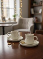 Papatya Desenli El Yapımı 2 Kişilik 4 Parça Seramik Fincan Takımı - Görsel 5